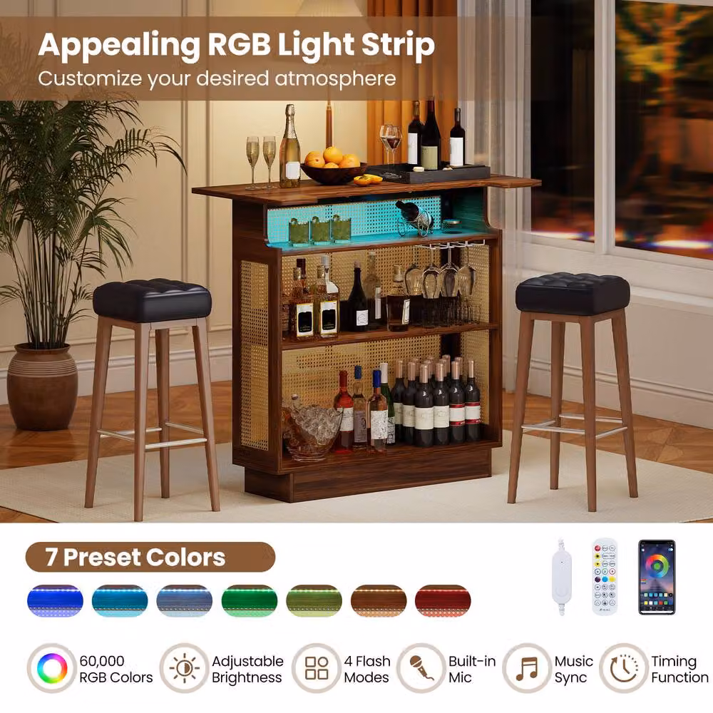 Costway Industrial Rattan Home Bar Table with LED Light and App Control in Brown – 6
