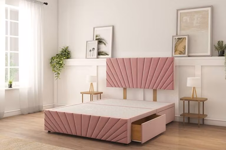 Sloomy Amberley Plush Pink Velvet Divan Bed Set with 2 Left-Side Drawers, 26 inch Strutted Headboard and 12 inch Matching Footboard, Small Single, W/D/H: 80 x 190 cm