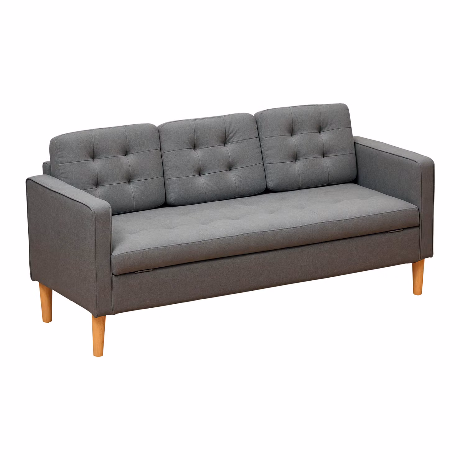 HOMCOM Modern 3-Seater Button-Tufted Fabric Sofa with Hidden Storage and Rubberwood Legs in Grey – 2