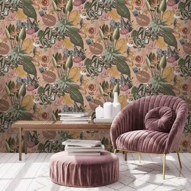 Holden Wonderland Jungle Floral Birds Exotic Blush Sage Green Smooth Wallpaper in Grey and Multicolour