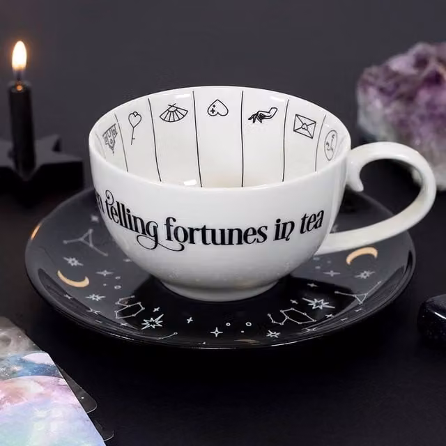 Uniqueful Fortune Telling Ceramic Teacup with Saucer in Multicolour, Black, Gold and White