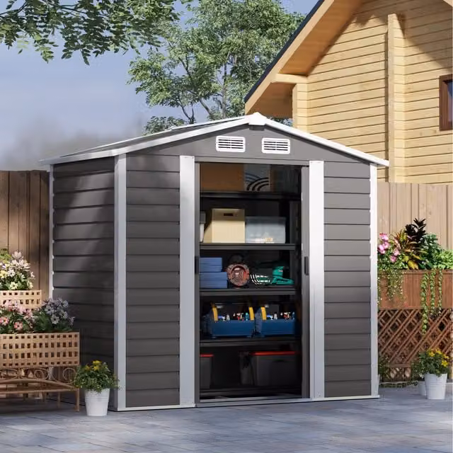 Outsunny Light Grey Galvanised Steel Metal Shed with Lockable Sliding Doors and Side Vent, W/D/H: 213.36 x 121.92 x 250 cm