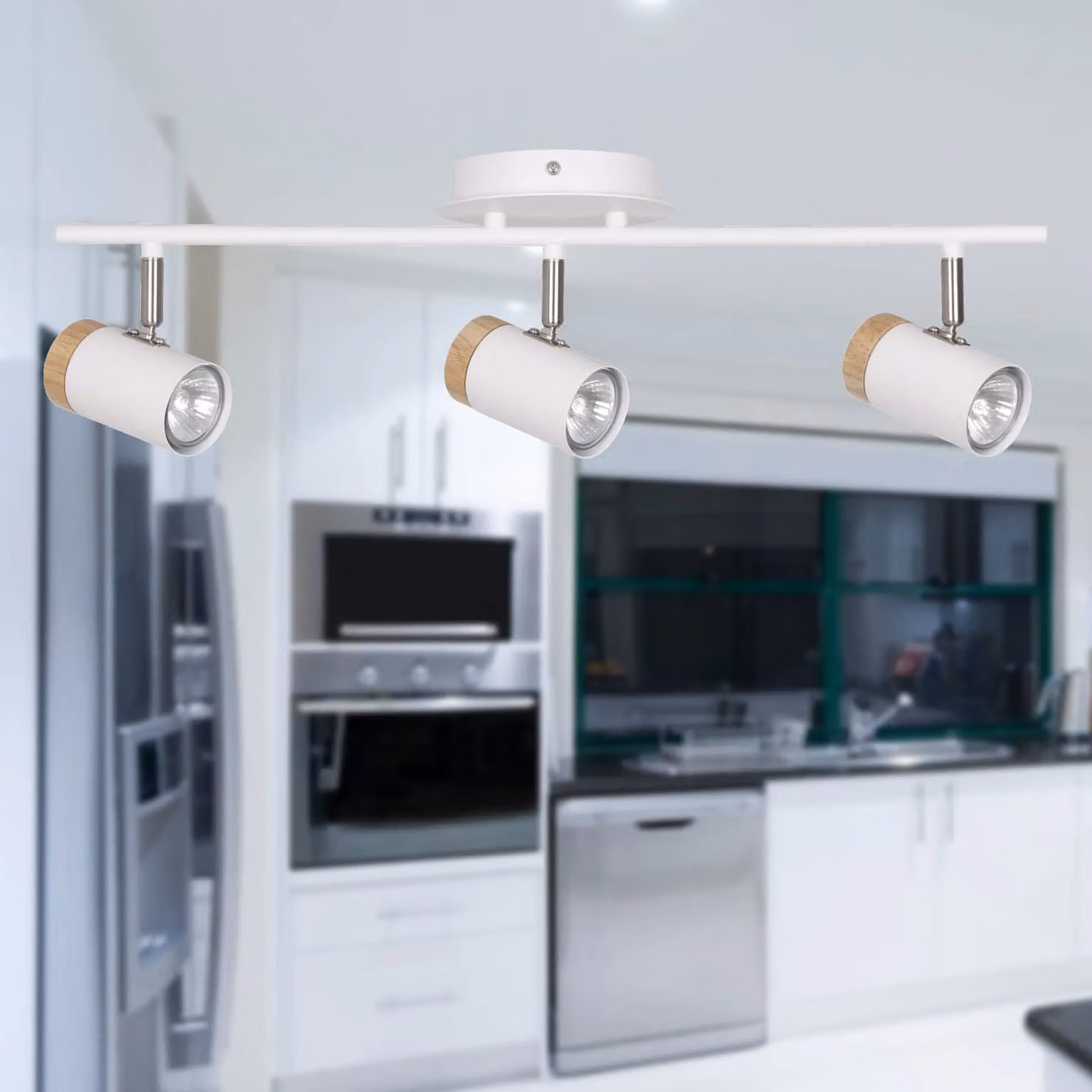 First Choice Lighting Stratton Three Way Adjustable Dimmable Ceiling Spotlight in White with Wood Detail – 3