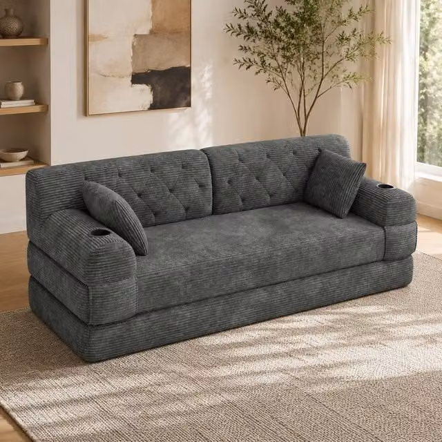 STILVORA Modern Grey Upholstered Sleeper Sofa with Click-Clack Function and Cup Holders – 1