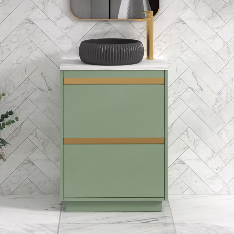 Royal Bathrooms Orion 800mm Mint Sage Floor Standing Vanity Unit with 2 Drawers, Milan Black Basin and Brushed Brass Trim