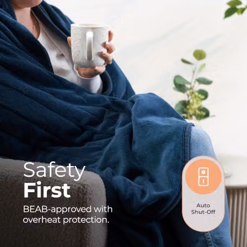 Abode Blue Microfleece Electric Heated Throw with 9 Heat Settings and Auto Shut-off – 10
