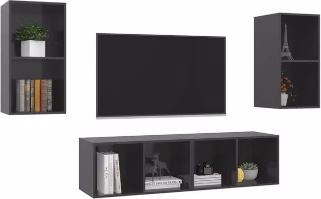 Berkfield Home Set of 4 High Gloss Grey Wall-Mounted TV Cabinets, W/D/H: 72 x 37 x 37 cm