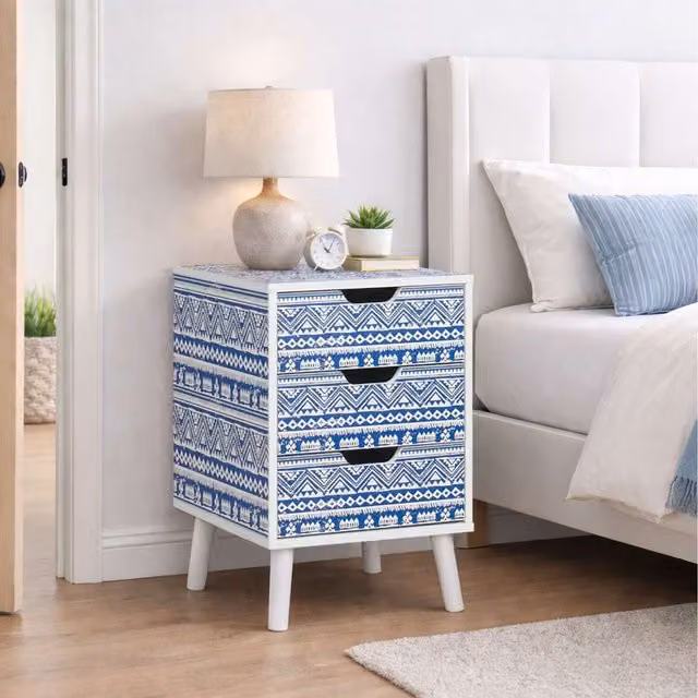 Birlea Santorini Shabby Chic 3 Drawer Bedside Cabinet in Blue and White