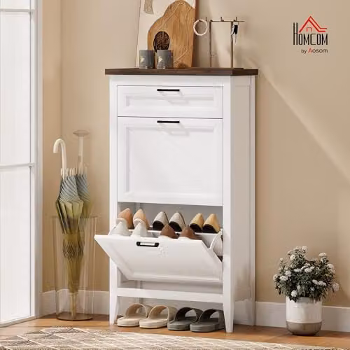 HOMCOM Modern Freestanding Shoe Cabinet with Tilting Compartments and Internal Shelves, White – 2