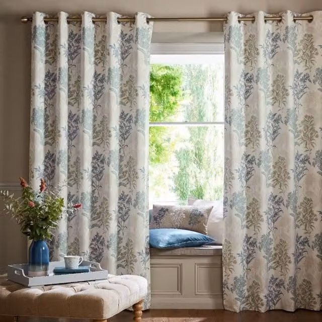 Laura Ashley Tenby Floral Blackout Eyelet Curtains in Seaspray Blue and Multicolour
