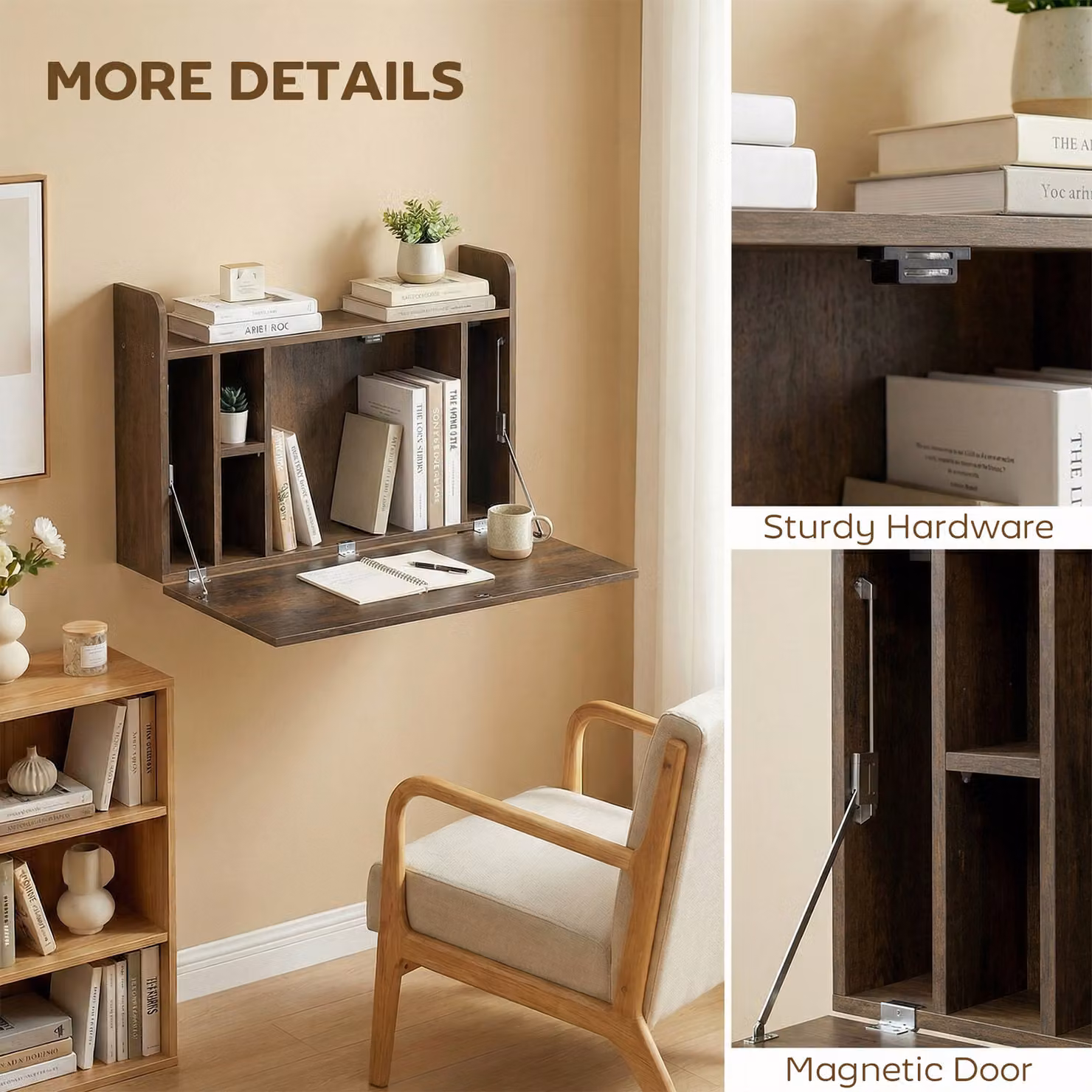 HOMCOM Dark Brown Wall Mounted Drop Leaf Writing Desk with Storage Compartments for Home Office – 5