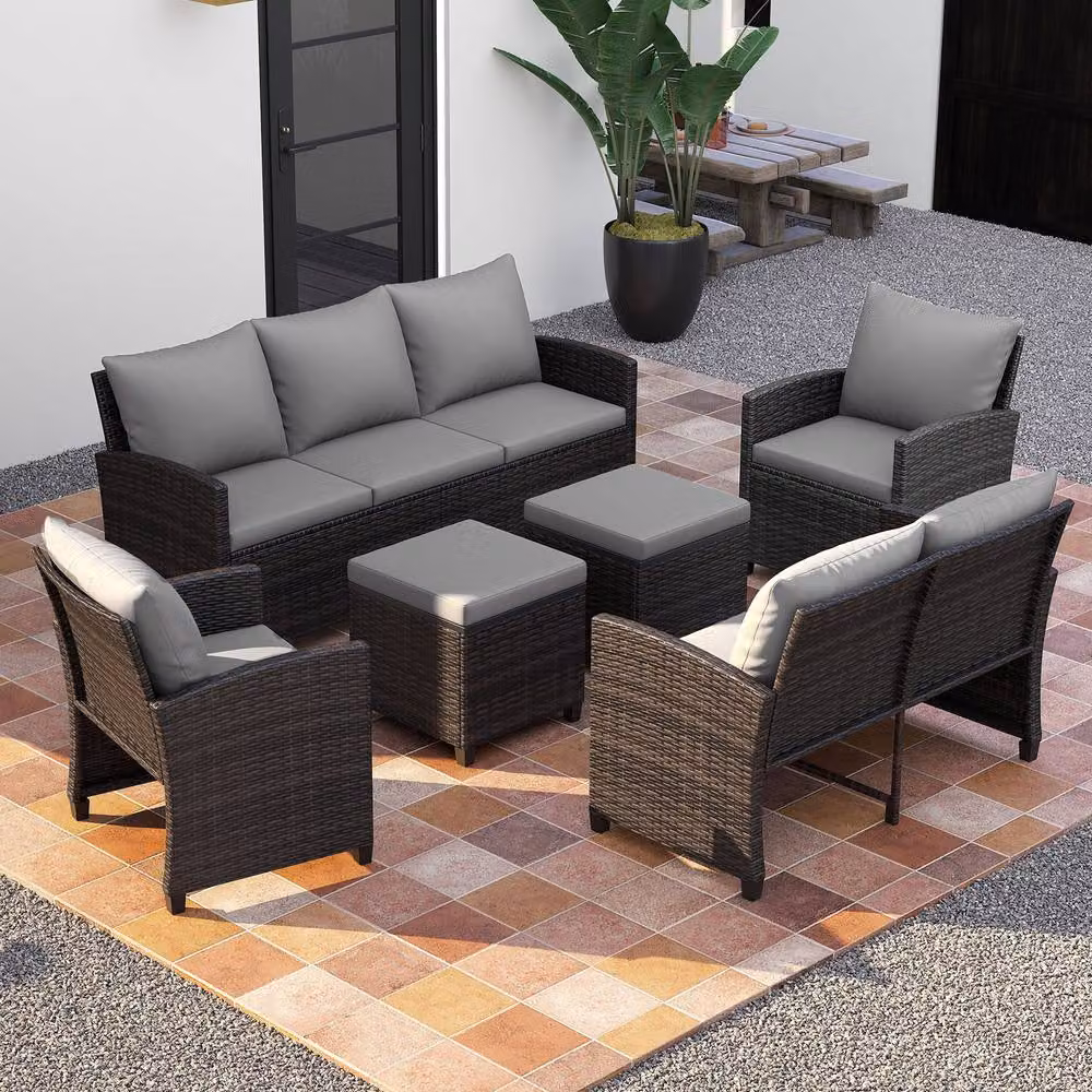 Costway 6-Piece Grey PE Wicker Rattan Patio Furniture Sectional Conversation Set – 4