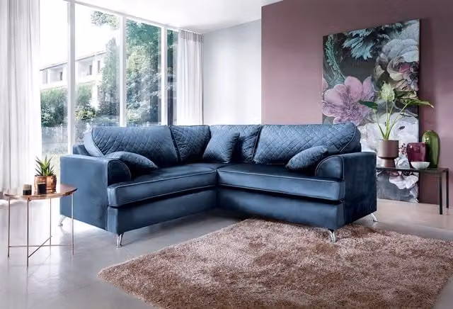 Abakus Direct Ferguson L-Shape Corner Sofa in Blue Velvet Fabric, W/D/H: 200 x 200 x 78 cm
