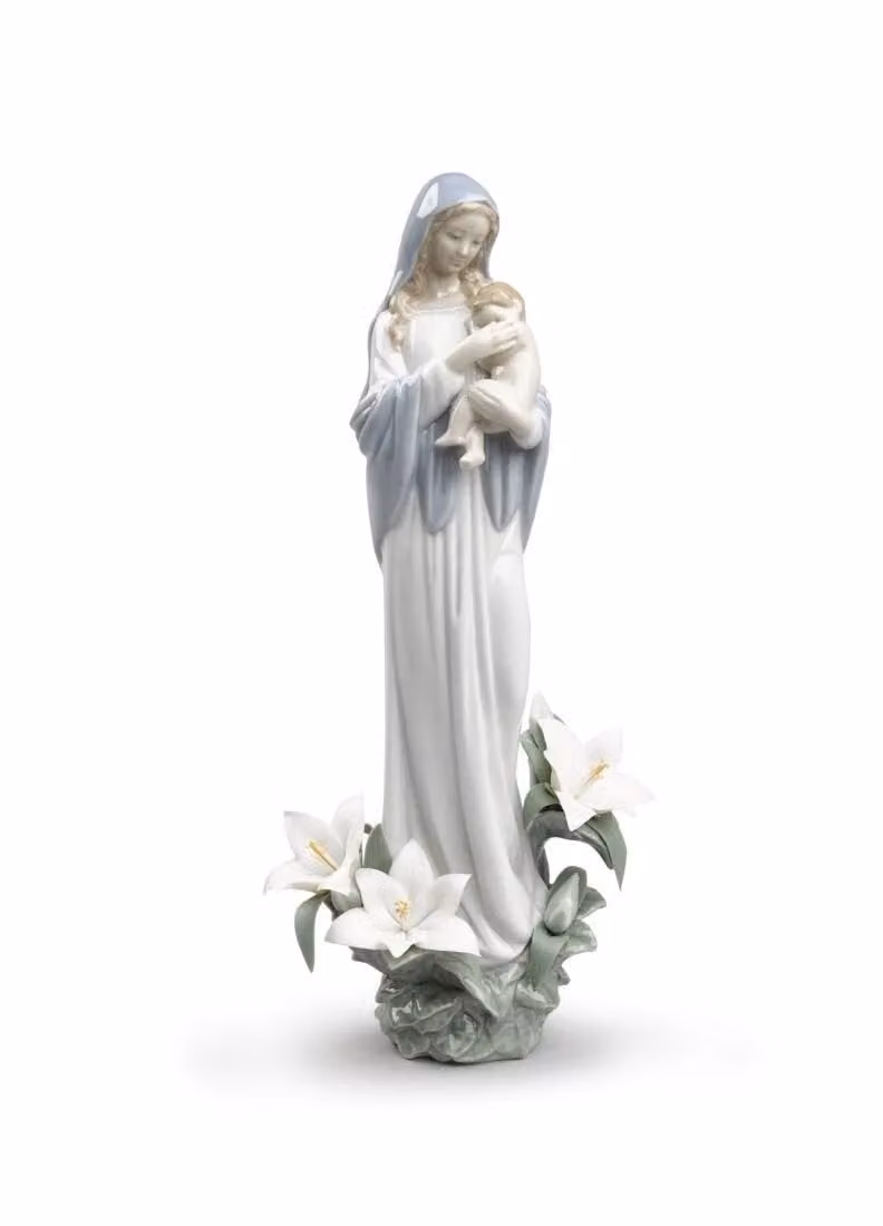 Lladró Madonna of The Flowers Porcelain Figurine in White and Blue