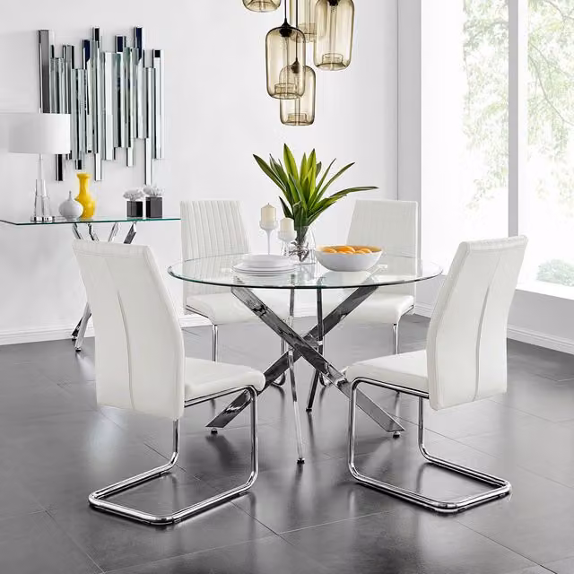 FurnitureboxUK Novara Round Glass Dining Table with 4 Lorenzo Chairs Set, White