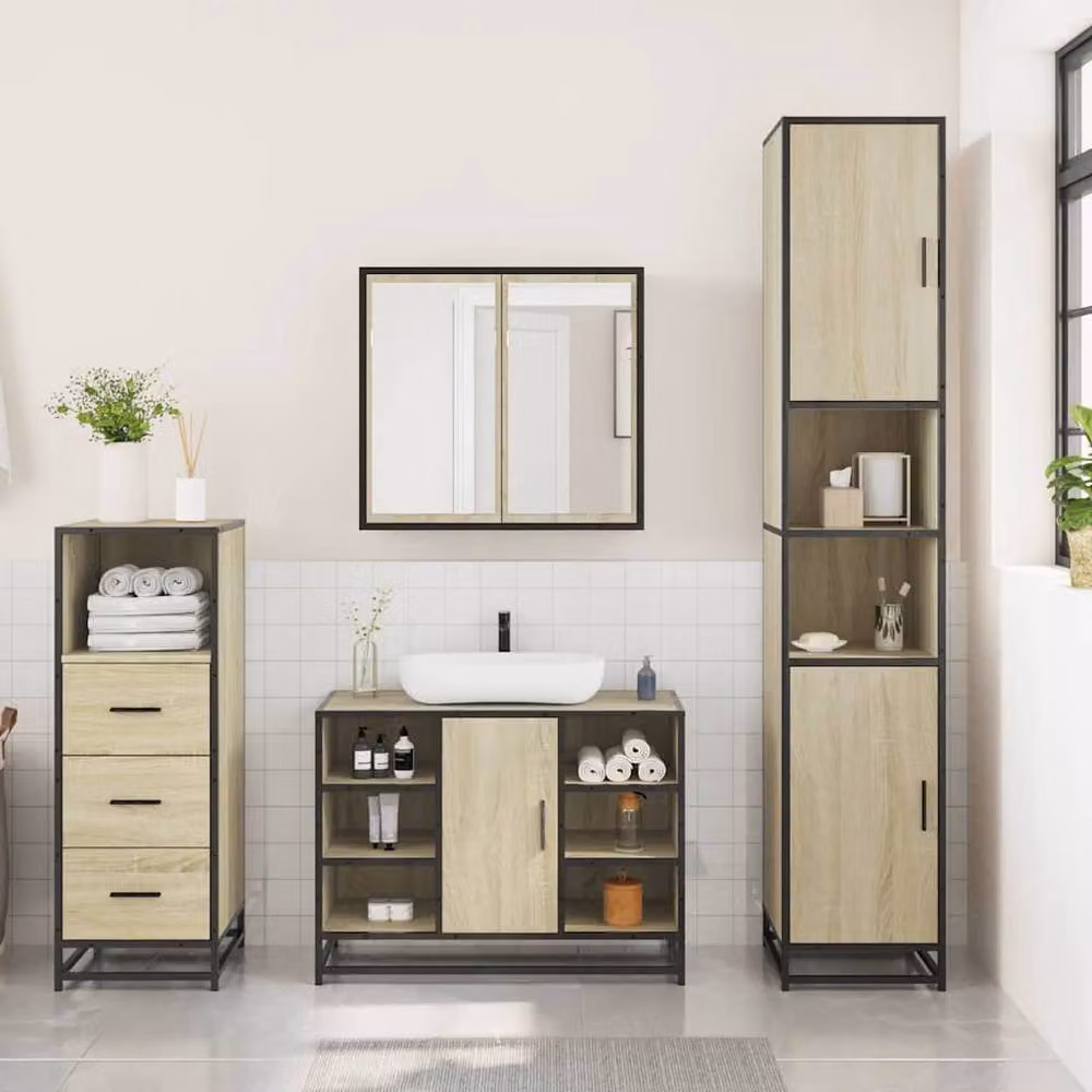 Berkfield Home 3 Piece Industrial Bathroom Furniture Set in Beige Sonoma Oak – 2