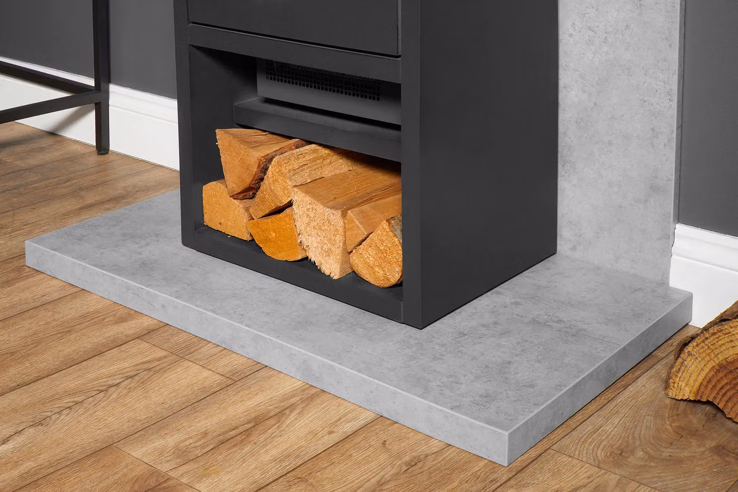 Acantha Fires & Fireplaces Bergen XL Electric Stove and Tile & Hearth Set in Grey Concrete Effect with Angled Pipe – 4