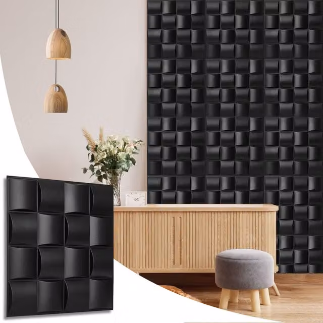 NOVECRAFTO Matte Black 3D PVC Wall Panels with Square Geometric Lattice Design, W/D/H: 50 x 50 x 0.25 cm