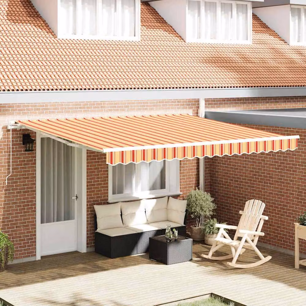 Berkfield Home Manual Retractable Folding Arm Awning in Yellow and Orange Striped, W: 400 cm, D: 300 cm – 2