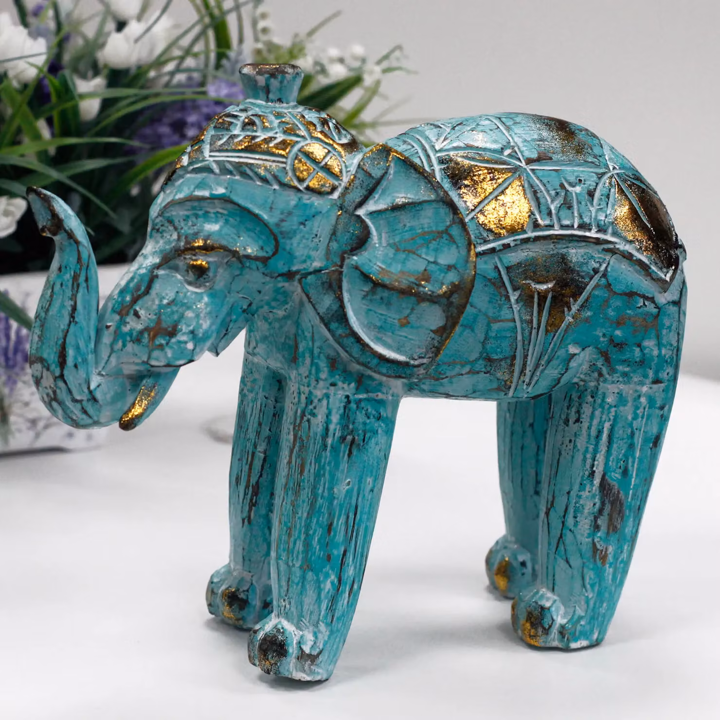 KDMD Wood Carved Elephant Tabletop Ornament in Turquoise, Gold and White – 2