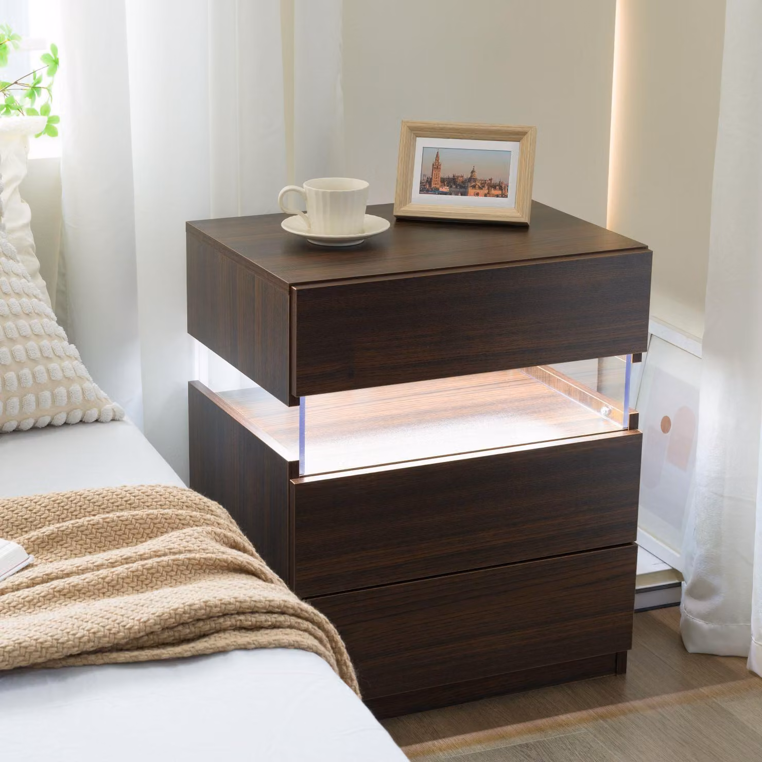 Aosom.UK Modern Walnut Nightstand with Acrylic Board, 3 Drawers and Multi-Colour LED Light, W/D/H: 37.5 x 50 x 60 cm – 6
