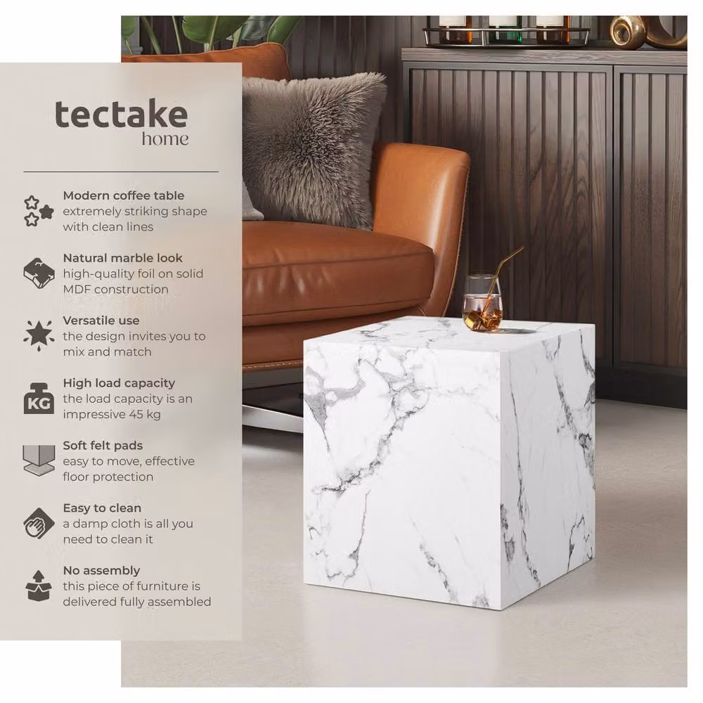 tectake Lasley Square Coffee Table in White Marble Look, W/D/H: 45 x 45 x 50 cm – 2