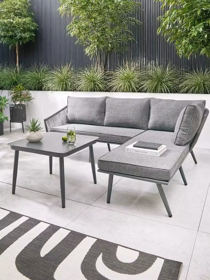 Cheap Furniture Warehouse Malta L-Shape Grey Garden Corner Set with Upholstered Olefin Cushions and Powder Coated Steel Frame