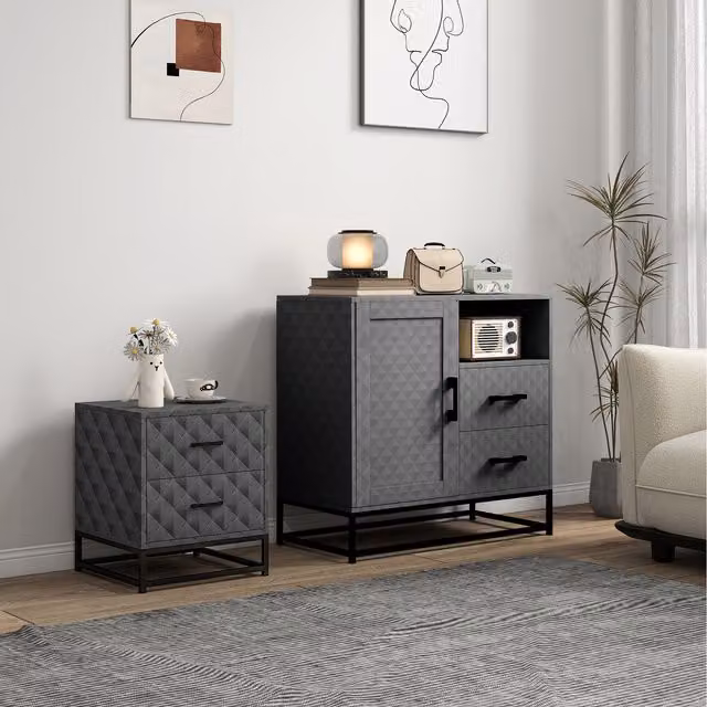 HOMCOM Grey Modern Sideboard and Bedside Tables with Drawers and Compartment