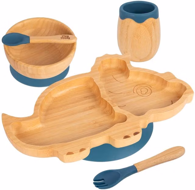Tiny Dining 5pc Bamboo and Silicone Dinosaur Baby Weaning Set in Blue