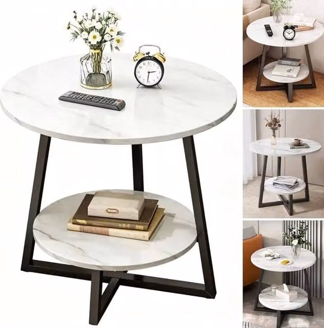 SPETLEK Marble Effect Round Side Table in White and Black with Glossy Finish