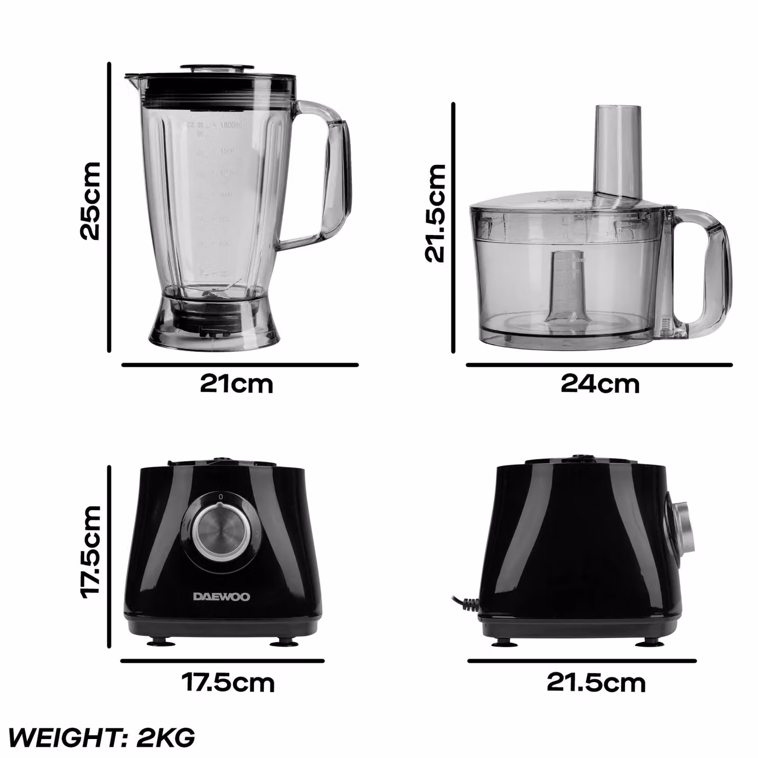 Daewoo All-in-1 2L Electric Food Processor and Chopper with Blender Pitcher in Black – 8