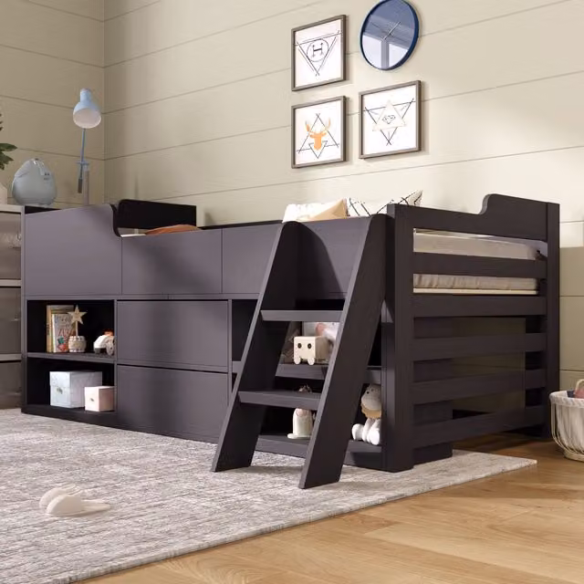Matteo Mid Sleeper Cabin Bed Frame with Drawers and Shelf Storage in Beige and Grey, Single Size – 1