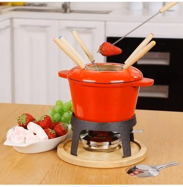 Living and Home Enamel Cast Iron Fondue Set with Forks and Burner in Red – 1