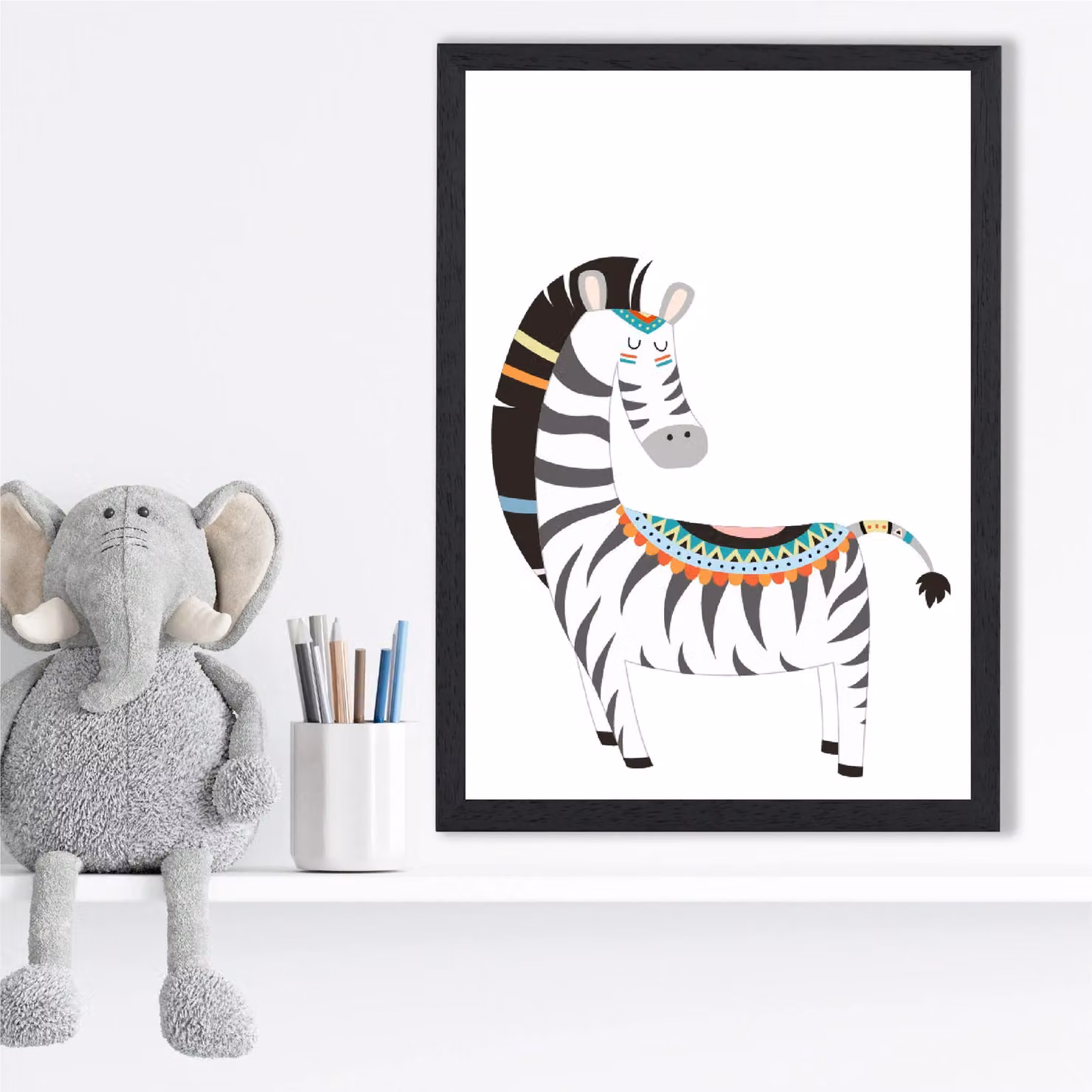 ARTZE Zebra Tribal Animal Framed Print in Grey and Black with Black Frame – 2