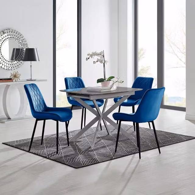 FurnitureboxUK Lira Grey Metal Extending Dining Table and 4 Pesaro Blue Chairs with Black Legs