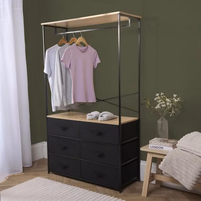 OHS 6 Drawer Wardrobe with Clothes Rail and Coat Hanger Storage Organiser in Black