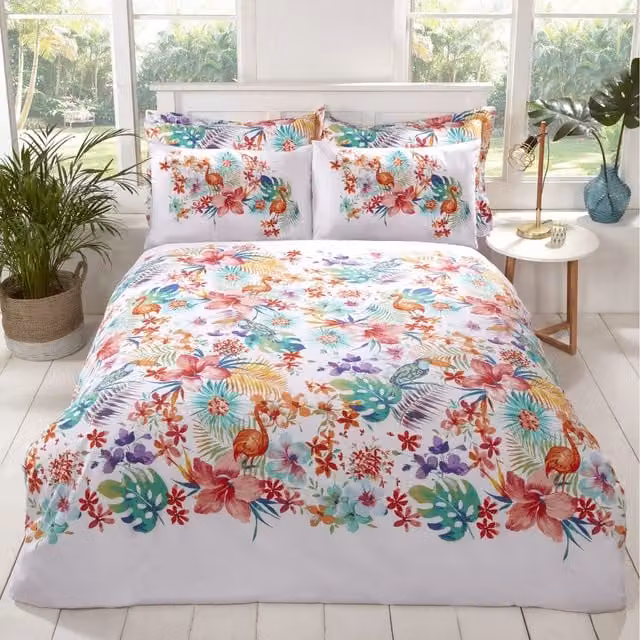 Rapport Home Tropical Floral Polycotton Duvet Set and Pillowcase, Multicolour and White