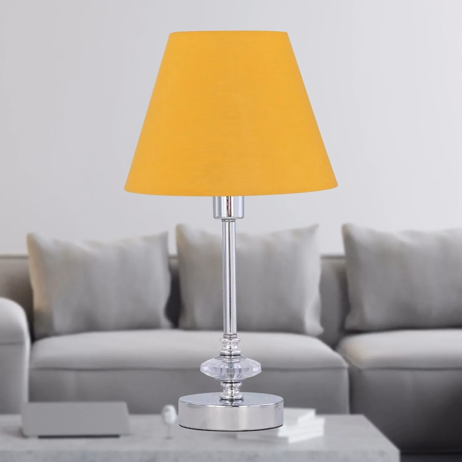First Choice Lighting Set of 2 Chrome Jewelled Table Lamps with Yellow Fabric Shades – 2
