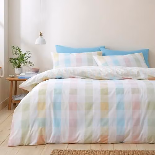 Catherine Lansfield Spring Check Reversible Single Duvet Cover and Pillowcase Set, Multicolour, W/D/H: 135 x 200 cm and 50 x 75 cm