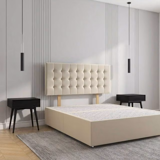 Regional Furnishings Plush Velvet Single Divan Bed Base with 24 Inch Headboard in Beige, W/D/H: 90 x 200 cm