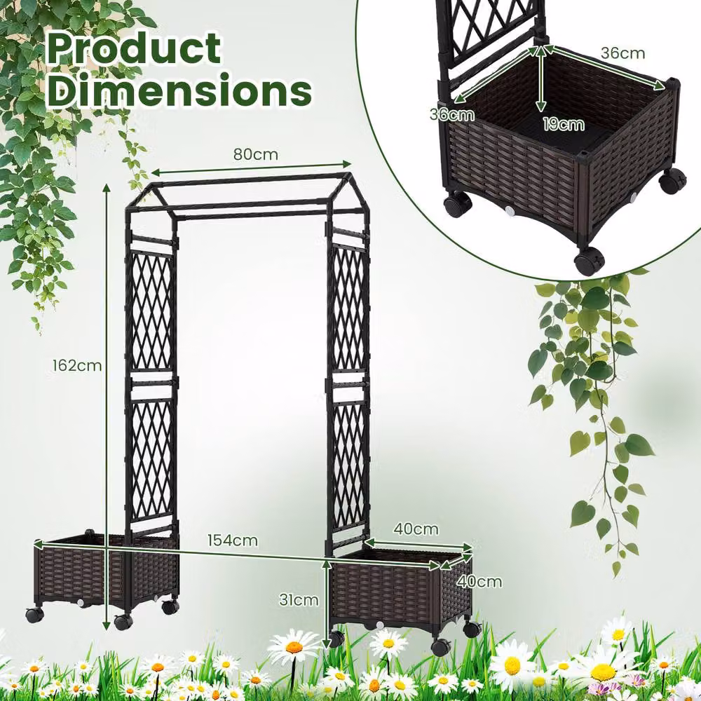 Costway Brown Self-Watering Raised Planter Boxes with Lattice Trellis and Roof for Vegetable and Herb Gardens, W: 147 cm, D: 40 cm, H: 20 cm – 2