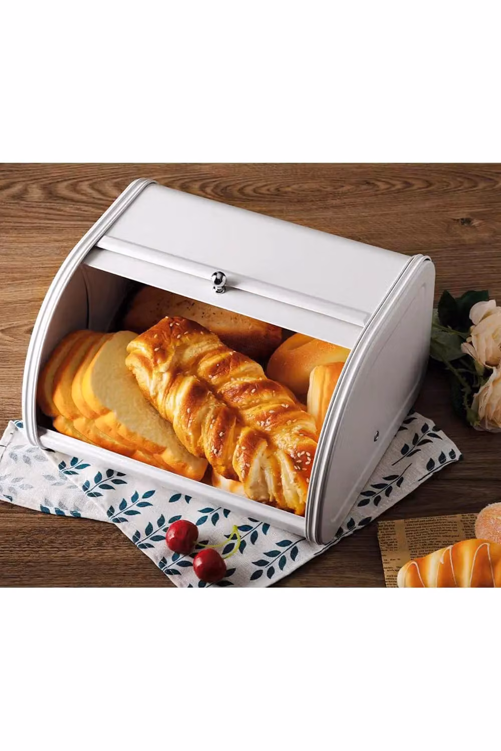 Living and Home Metal Roll Top Bread Container Storage Box for Kitchen Countertop, White – 3
