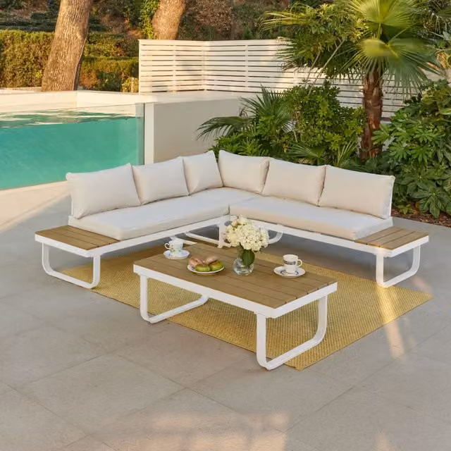 Home Detail Roman Aluminium L-Shape Garden Sofa Set in Grey and White