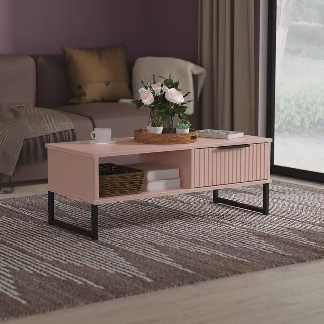 2 U Menai 1 Drawer Coffee Table in Dusty Pink with Black Metal Sled Base – 1