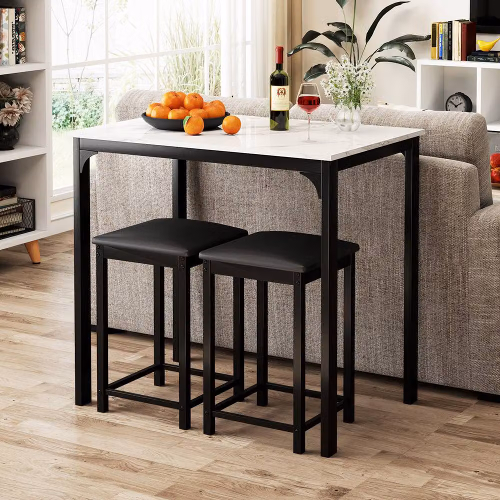 Costway 3 Piece Modern Bar Table Set with 2 Upholstered Stools in White and Marble Finish – 4