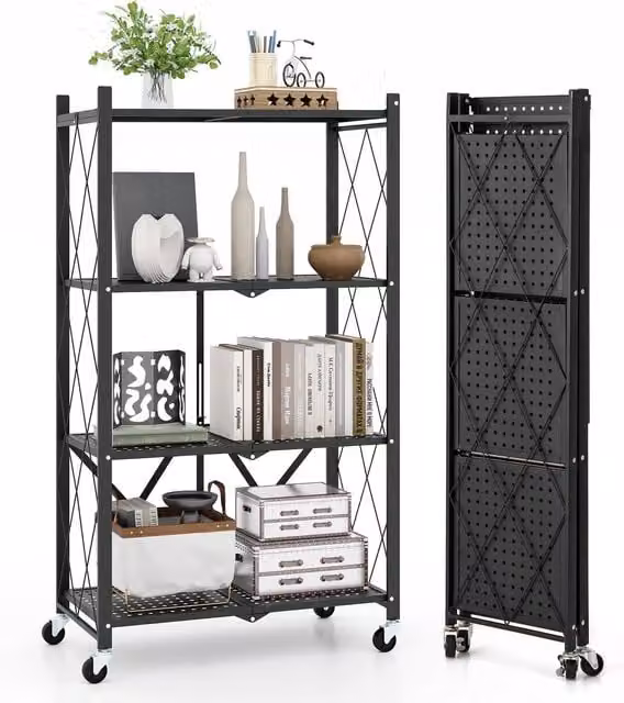 Costway 4-Tier Foldable Metal Storage Shelf in Black – 1