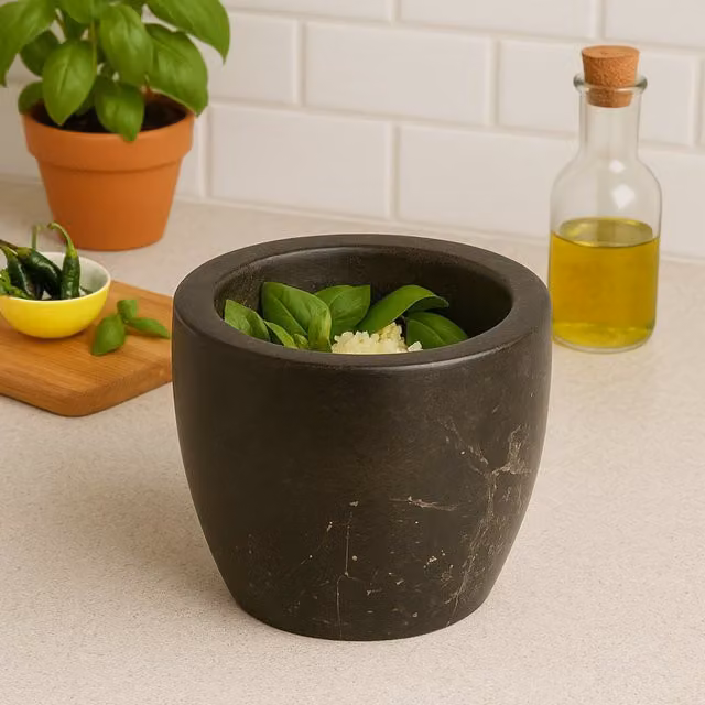 Orsina Black Marble Round Tapered Mortar and Pestle