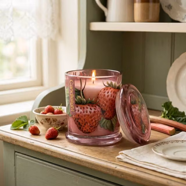 Madison & Mayfair Large Wild Strawberry & Rhubarb Lidded Jar Candle in Pink