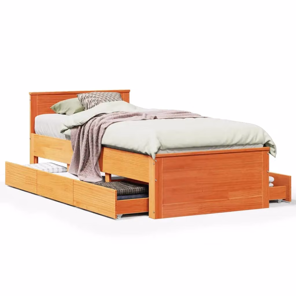 Berkfield Home Single Solid Wood Pine Bed Frame with Headboard in Wax Brown, W/D/H: 90 x 190 cm – 2