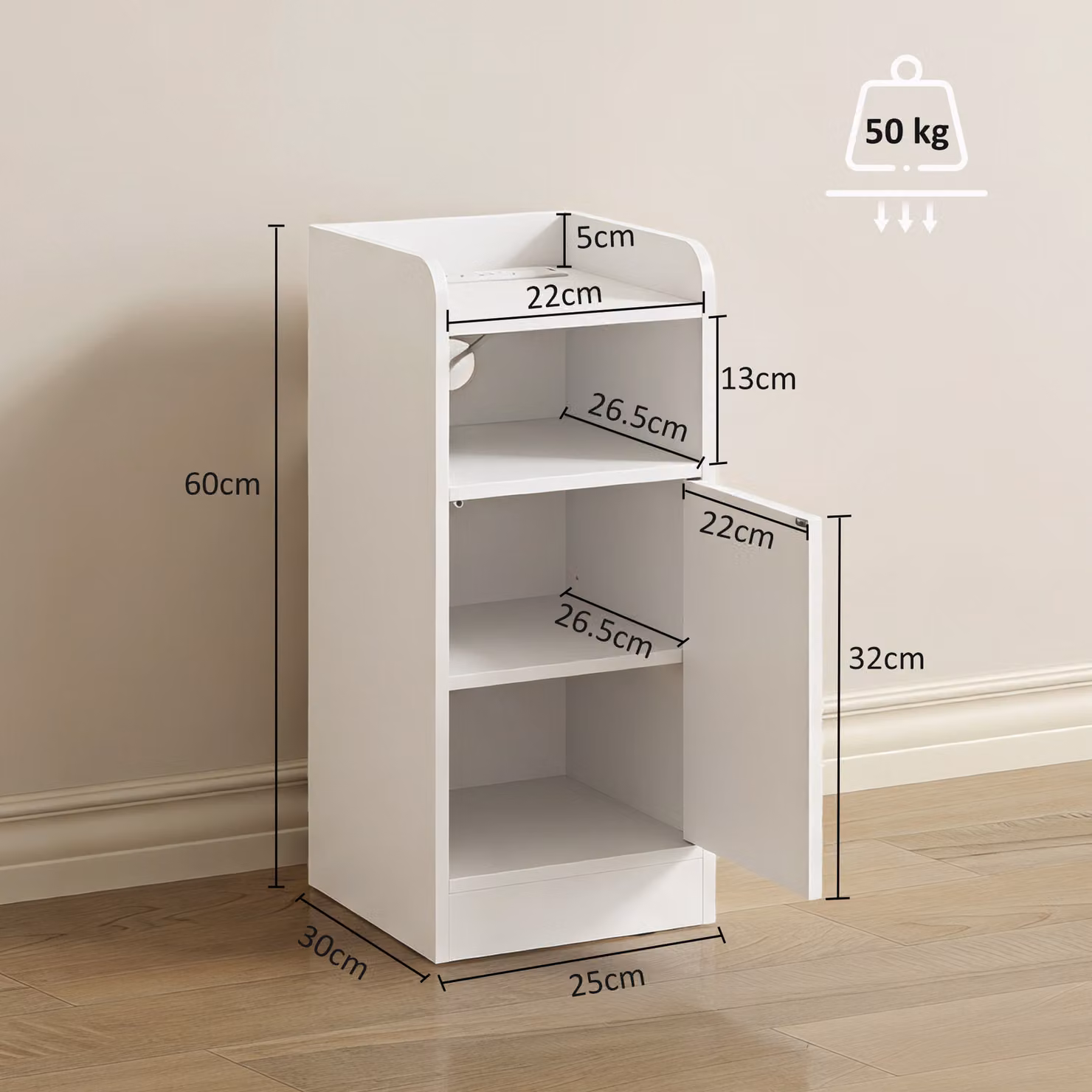 HOMCOM Set of 2 Slim White Bedside Tables with Integrated Charging Station and Adjustable Shelf – 2